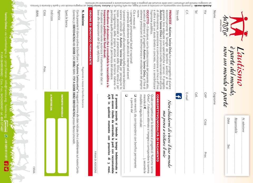 L autismo è parte del mondo, non un mondo a parte N. adesione Responsabile Data Sez. Nome Cognome Via CAP Città Prov. Tel Cell. C.F.