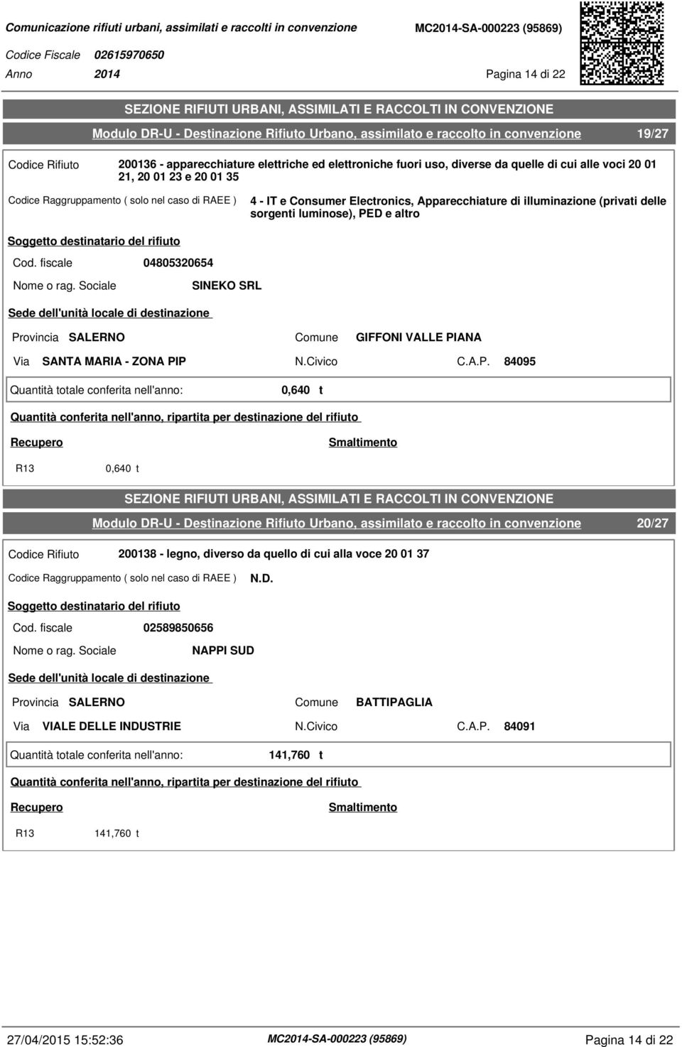 Provincia SALERNO Comune GIFFONI VALLE PIANA Via SANTA MARIA - ZONA PIP N.Civico C.A.P. 84095 Quantità totale conferita nell'anno: 0,640 t 0,640 t