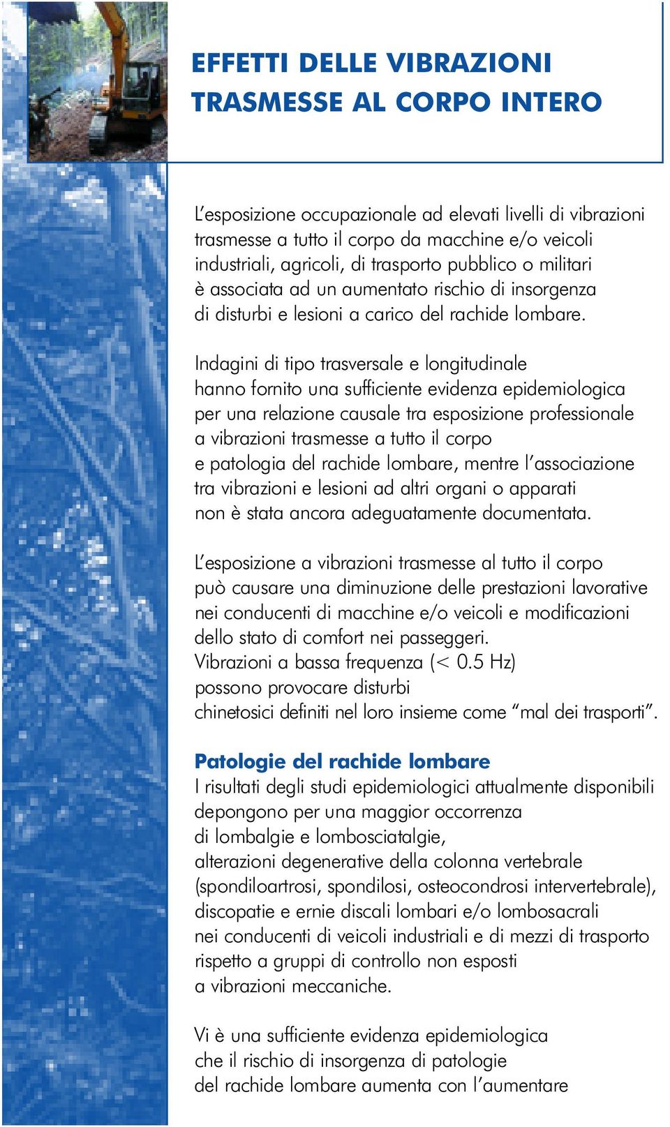 Indagini di tipo trasversale e longitudinale hanno fornito una sufficiente evidenza epidemiologica per una relazione causale tra esposizione professionale a vibrazioni trasmesse a tutto il corpo e