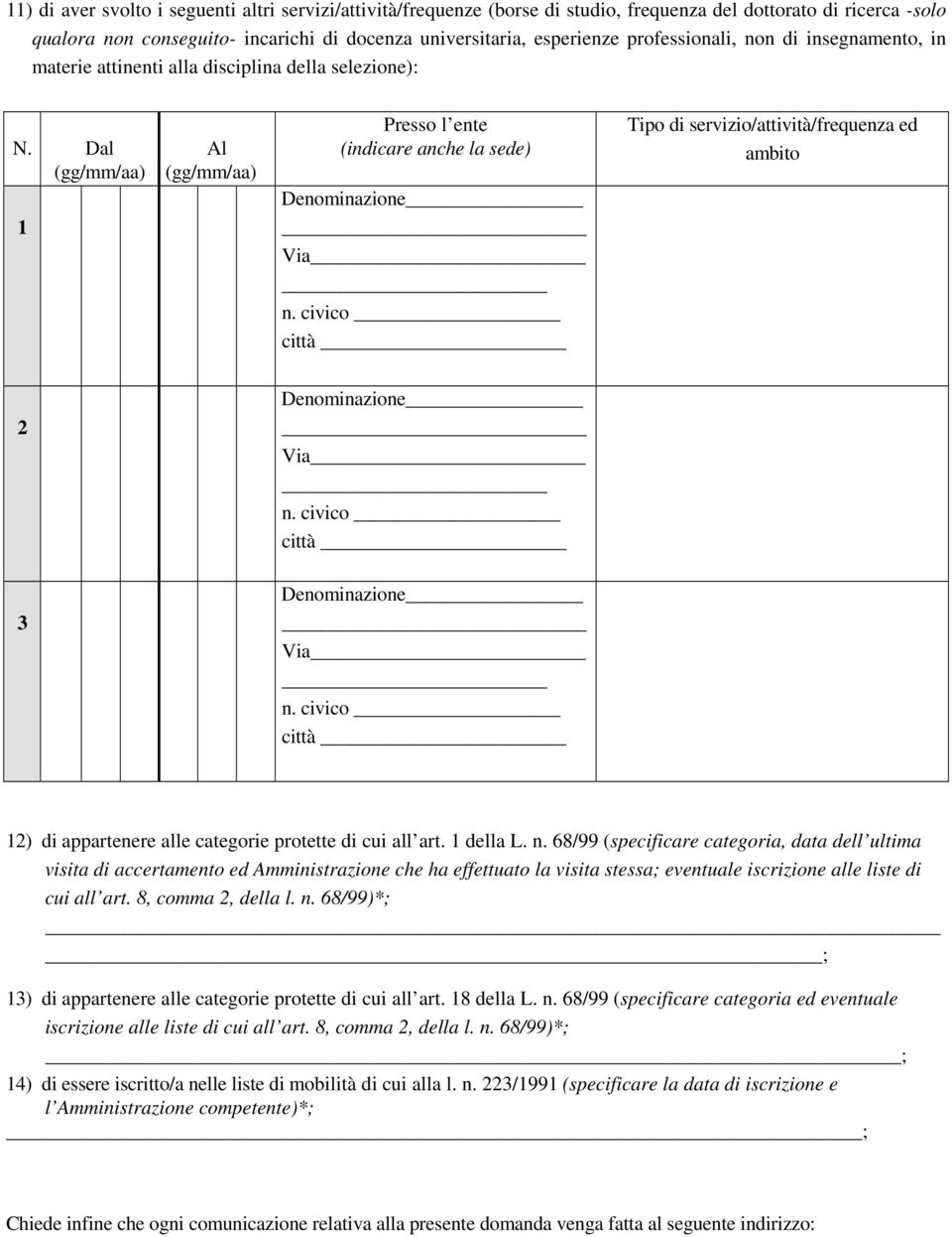 Dal 1 Al Presso l ente (indicare anche la sede) Via città Tipo di servizio/attività/frequenza ed ambito 2 Via città 3 Via città 12) di appartenere alle categorie protette di cui all art. 1 della L. n.
