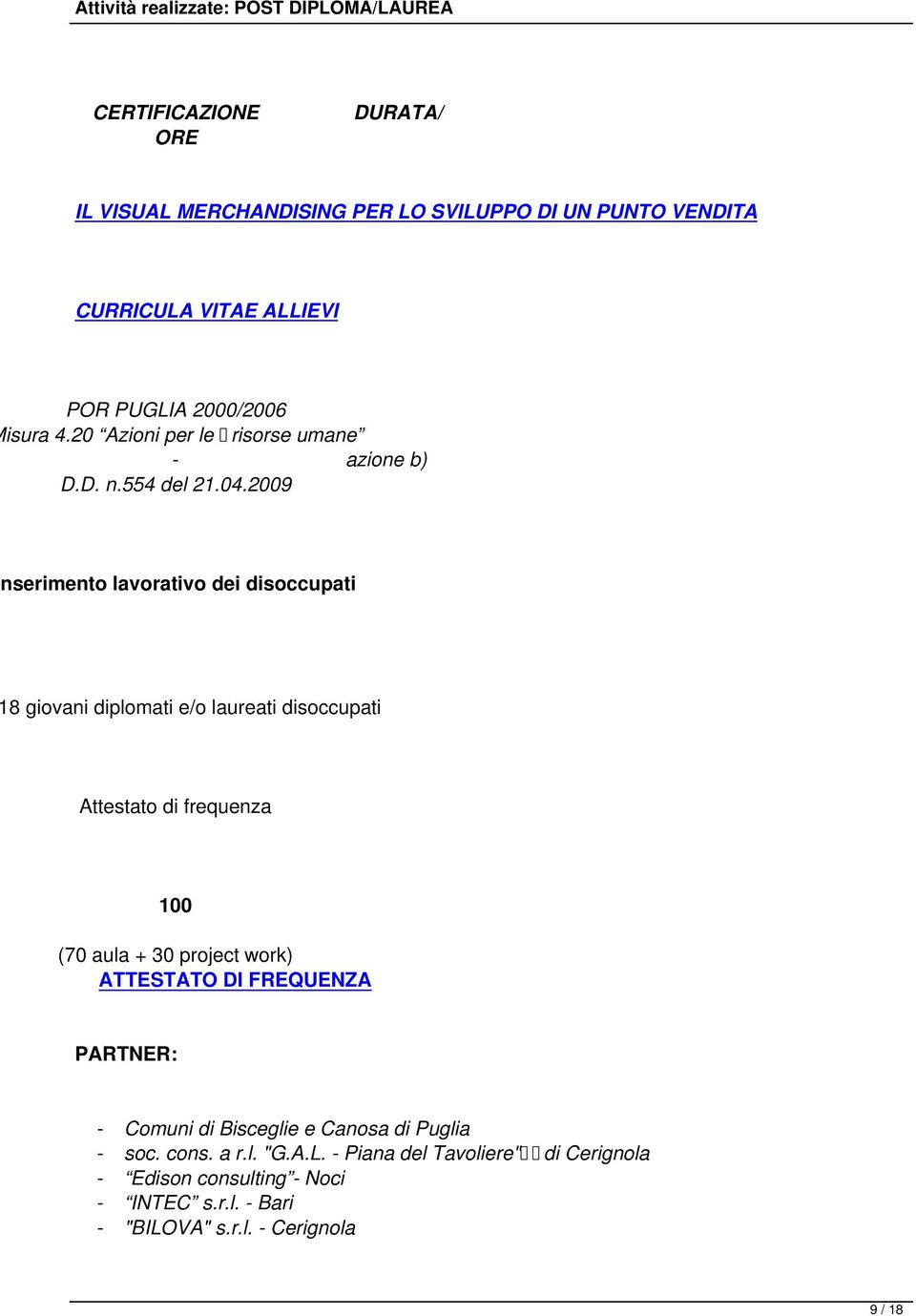 2009 nserimento lavorativo dei disoccupati 8 giovani diplomati e/o laureati disoccupati Attestato di frequenza 100 (70 aula +