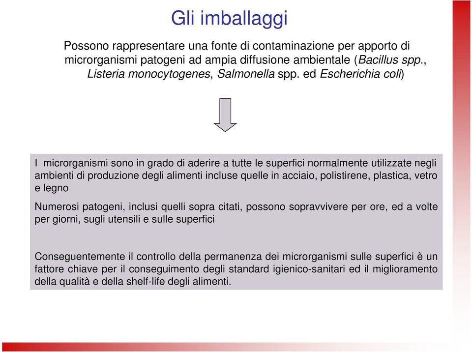 plastica, vetro e legno Numerosi patogeni, inclusi quelli sopra citati, possono sopravvivere per ore, ed a volte per giorni, sugli utensili e sulle superfici Conseguentemente il controllo