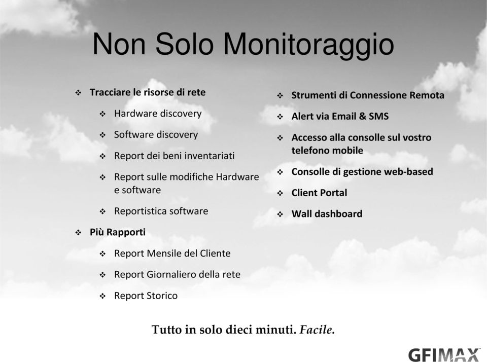 Remota Alert via Email & SMS Accesso alla consolle sul vostro telefono mobile Consolle di gestione web-based Client