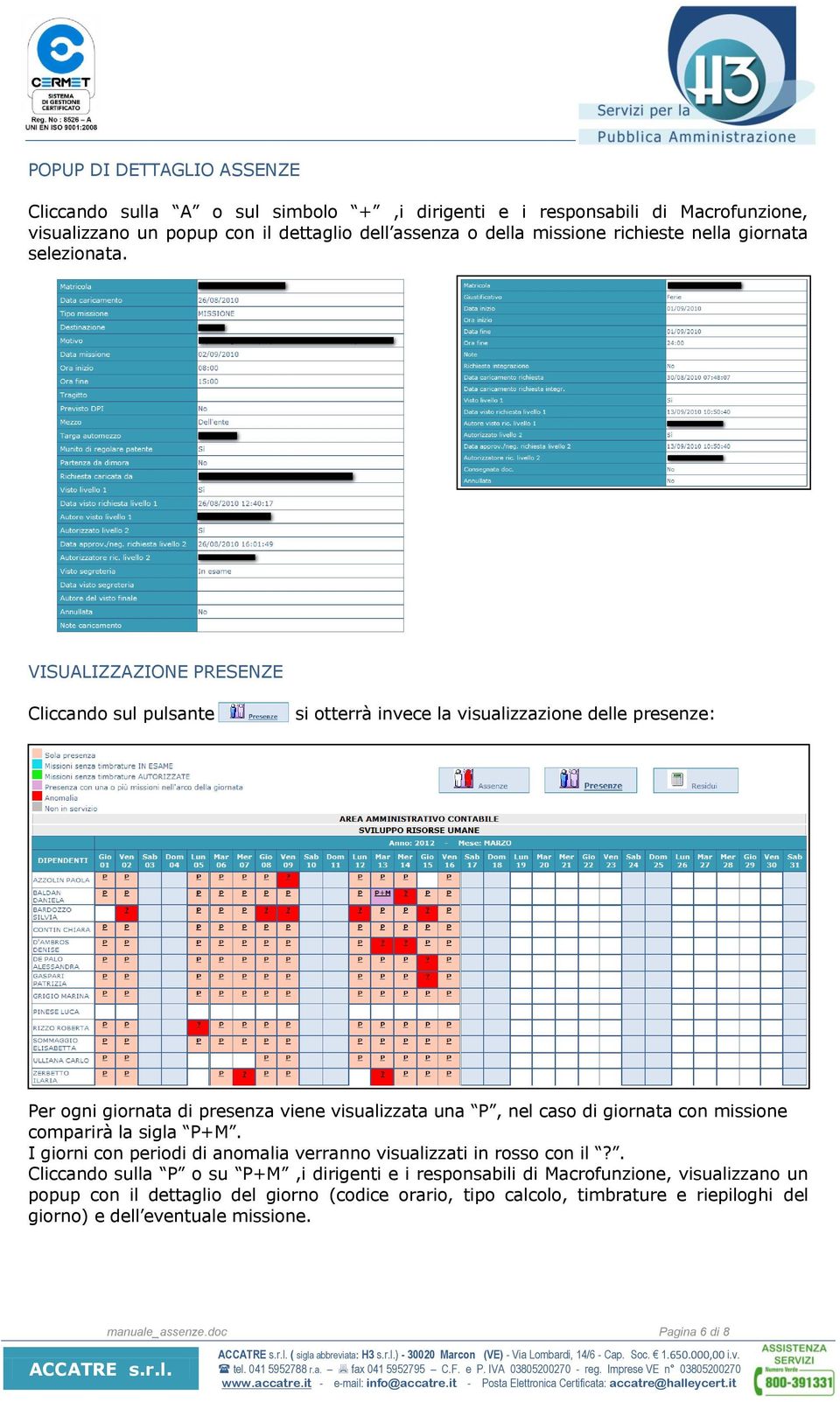 VISUALIZZAZIONE PRESENZE Cliccando sul pulsante si otterrà invece la visualizzazione delle presenze: Per ogni giornata di presenza viene visualizzata una P, nel caso di giornata con