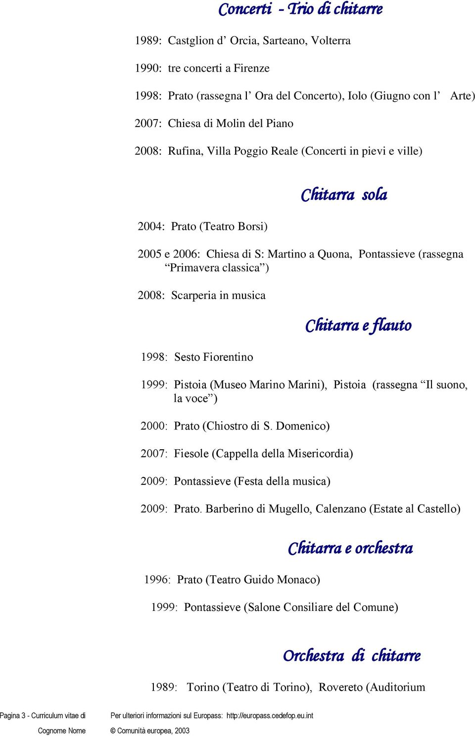 Scarperia in musica 1998: Sesto Fiorentino Chitarra e flauto 1999: Pistoia (Museo Marino Marini), Pistoia (rassegna Il suono, la voce ) 2000: Prato (Chiostro di S.