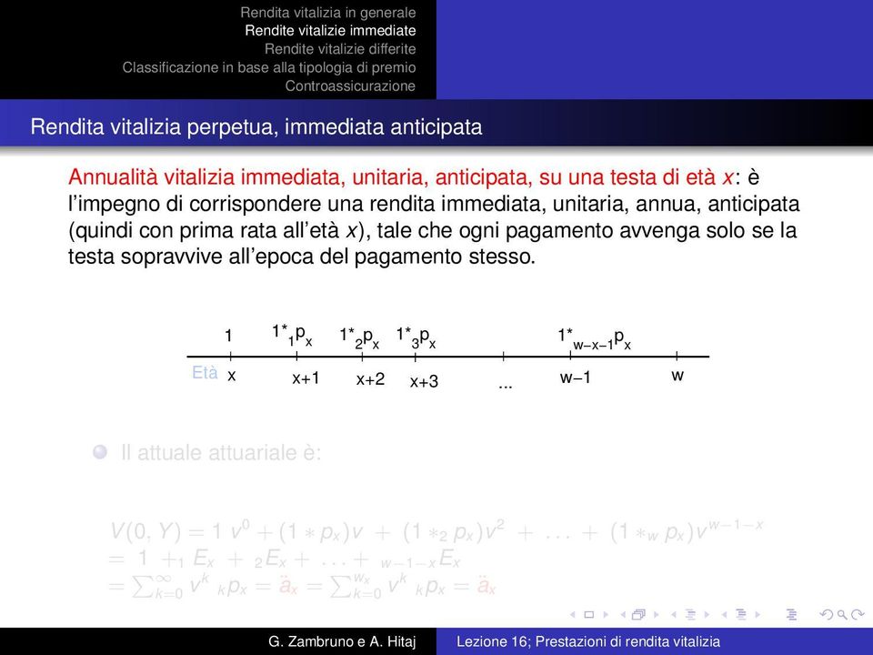 la testa sopravvive all epoca del pagamento stesso. 0.8 0.6 0.4 0.2 1 1* 1 1* 2 1* 3 1* w x 1 0 0.2 0.4 Età x x+1 x+2 x+3.