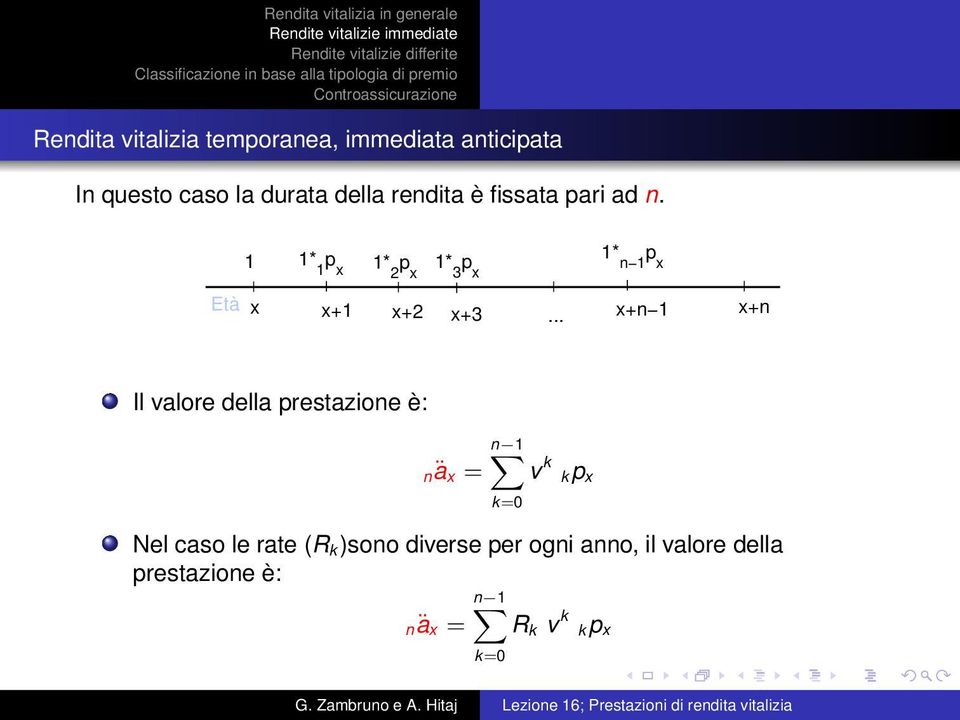 .. x+n 1 x+n Il valore della prestazione è: n 1 nä x = v k k k=0 Nel caso le rate (R k