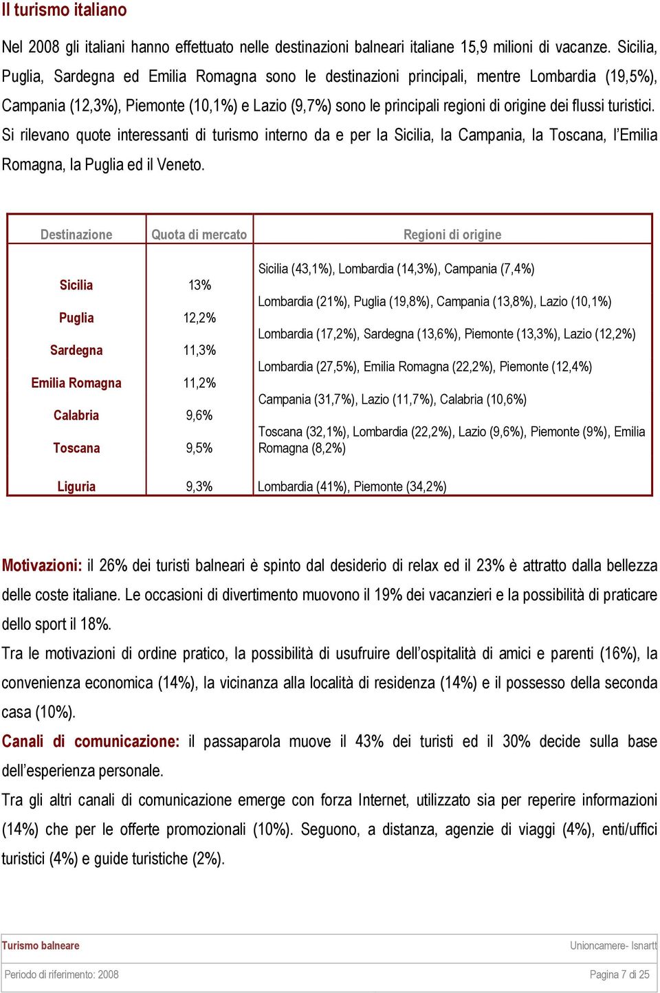 flussi turistici. Si rilevano quote interessanti di turismo interno da e per la Sicilia, la Campania, la Toscana, l Emilia Romagna, la Puglia ed il Veneto.