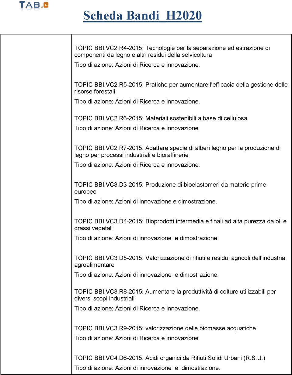 VC3.D3-2015: Produzione di bioelastomeri da materie prime europee TOPIC BBI.VC3.D4-2015: Bioprodotti intermedia e finali ad alta purezza da oli e grassi vegetali TOPIC BBI.VC3.D5-2015: Valorizzazione di rifiuti e residui agricoli dell industria agroalimentare TOPIC BBI.