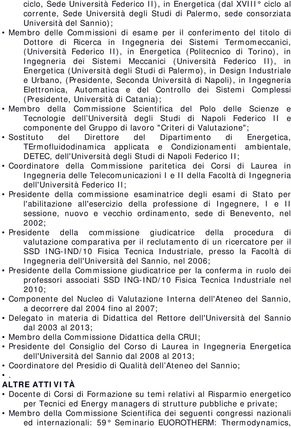 (Università Federico II), in Energetica (Università degli Studi di Palermo), in Design Industriale e Urbano, (Presidente, Seconda Università di Napoli), in Ingegneria Elettronica, Automatica e del