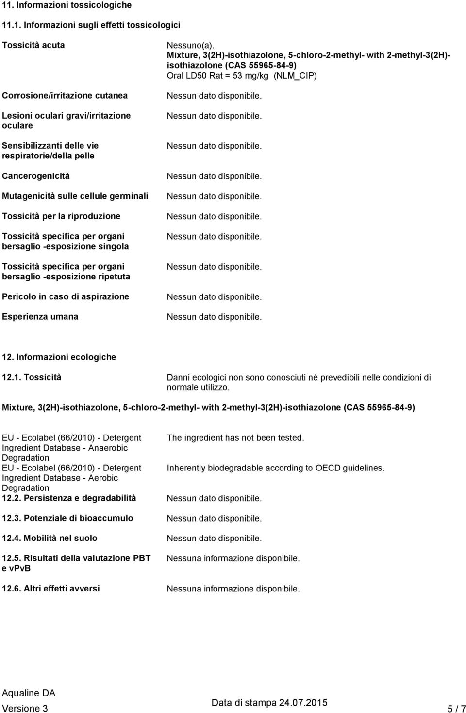 organi bersaglio -esposizione ripetuta Pericolo in caso di aspirazione Esperienza umana Mixture, 3(2H)-isothiazolone, 5-chloro-2-methyl- with 2-methyl-3(2H)- isothiazolone (CAS 55965-84-9) Oral LD50