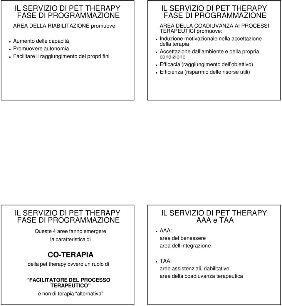 obiettivo) Efficienza (risparmio delle risorse utili) Queste 4 aree fanno emergere la caratteristica di CO-TERAPIA della pet therapy ovvero un ruolo di FACILITATORE DEL