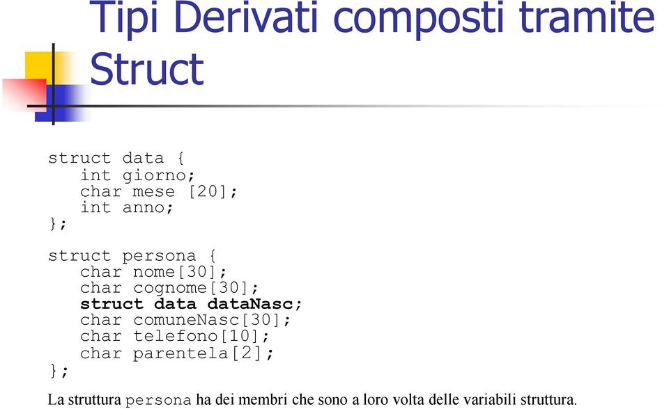 data datanasc; char comunenasc[30]; char telefono[10]; char parentela[2]; };