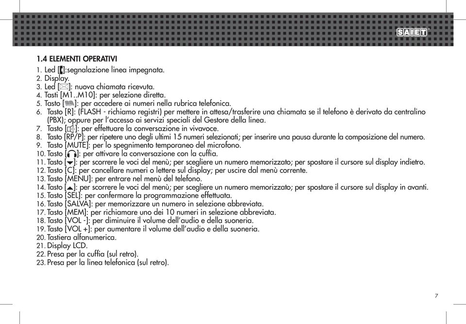 Tasto [R]: (FLASH - richiamo registri) per mettere in attesa/trasferire una chiamata se il telefono è derivato da centralino (PBX); oppure per l accesso ai servizi speciali del Gestore della linea. 7.