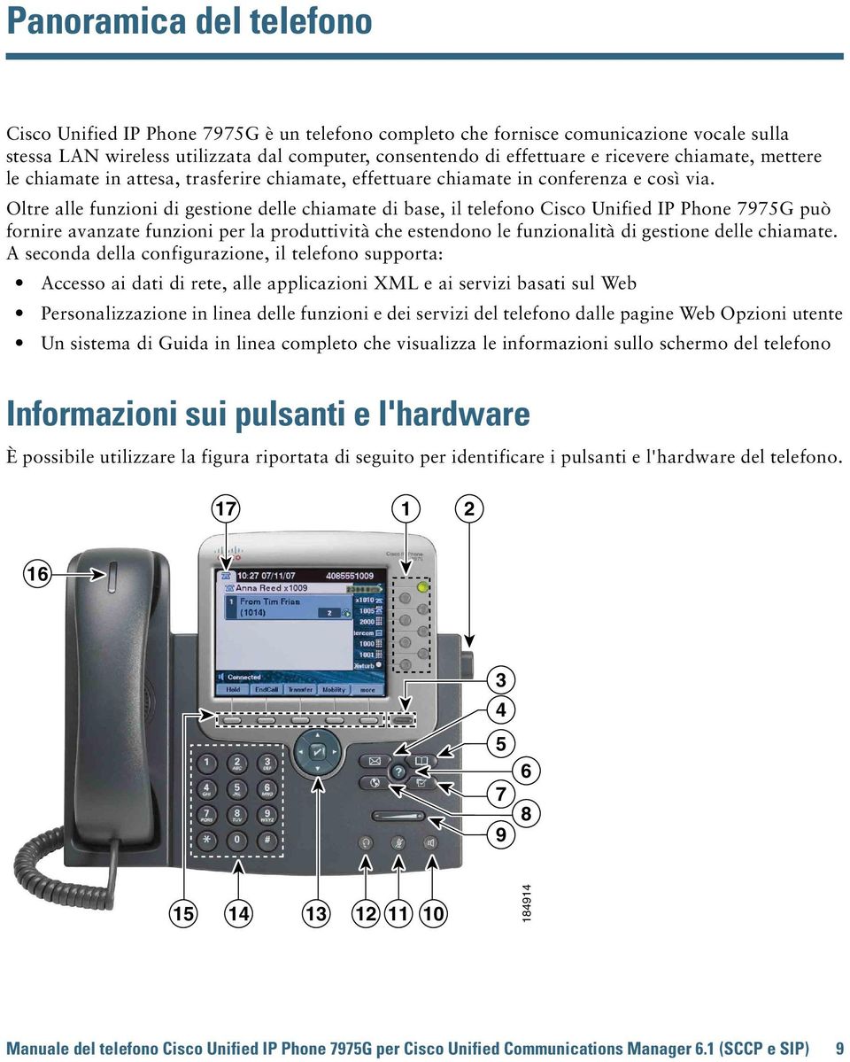 Oltre alle funzioni di gestione delle chiamate di base, il telefono Cisco Unified IP Phone 7975G può fornire avanzate funzioni per la produttività che estendono le funzionalità di gestione delle