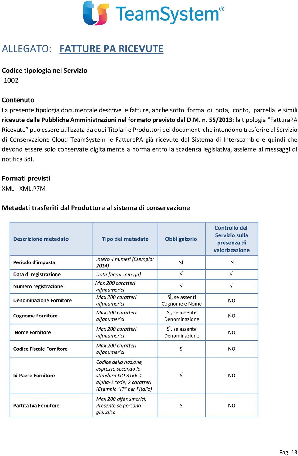 55/2013; la tipologia FatturaPA Ricevute può essere utilizzata da quei Titolari e Produttori dei documenti che intendono trasferire al Servizio di Conservazione Cloud TeamSystem le FatturePA già