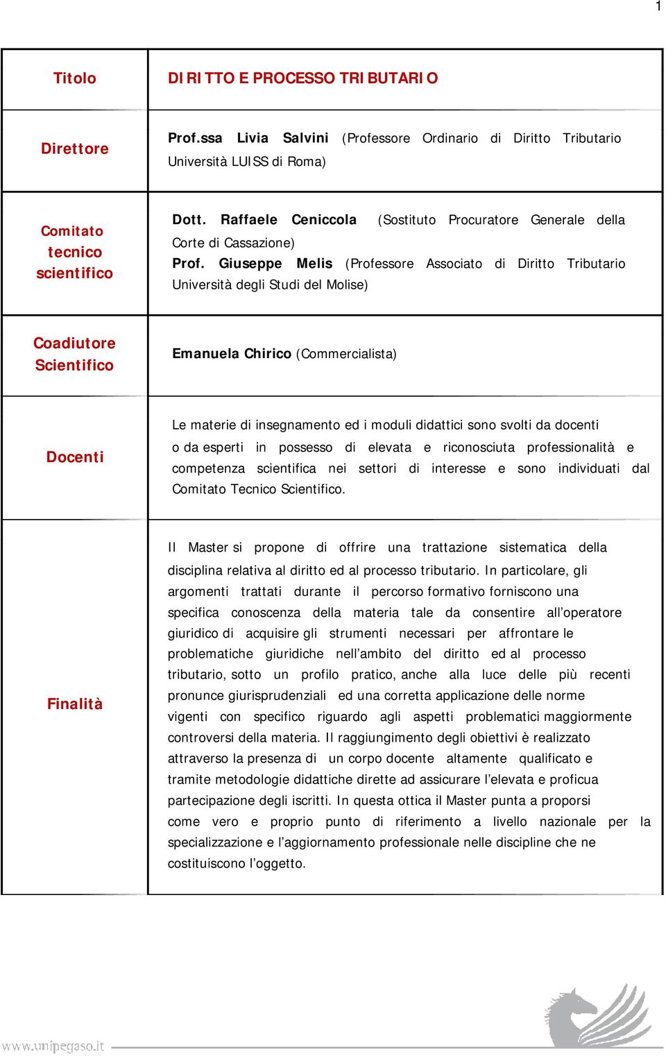 Giuseppe Melis (Professore Associato di Diritto Tributario Università degli Studi del Molise) Coadiutore Scientifico Emanuela Chirico (Commercialista) Docenti Le materie di insegnamento ed i moduli