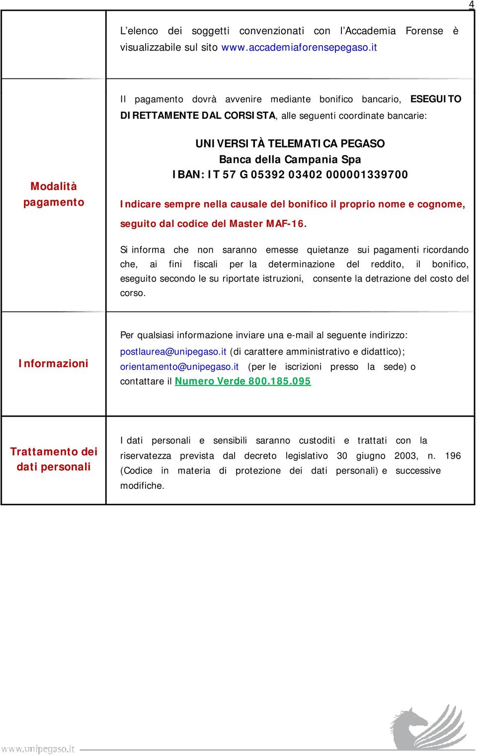 Spa IBAN: IT 57 G 05392 03402 000001339700 Indicare sempre nella causale del bonifico il proprio nome e cognome, seguito dal codice del Master MAF-16.