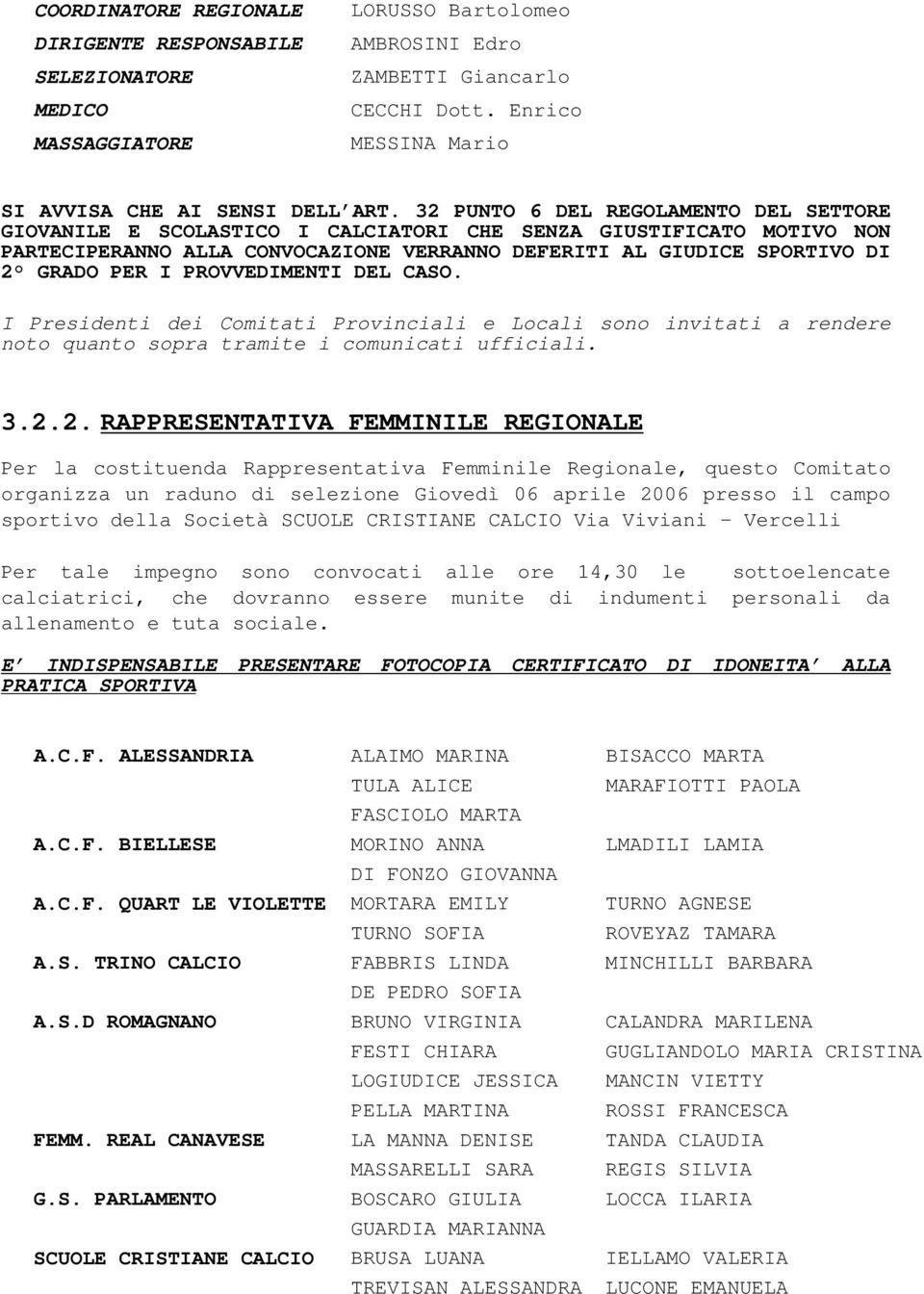 PROVVEDIMENTI DEL CASO. I Presidenti dei Comitati Provinciali e Locali sono invitati a rendere noto quanto sopra tramite i comunicati ufficiali. 3.2.