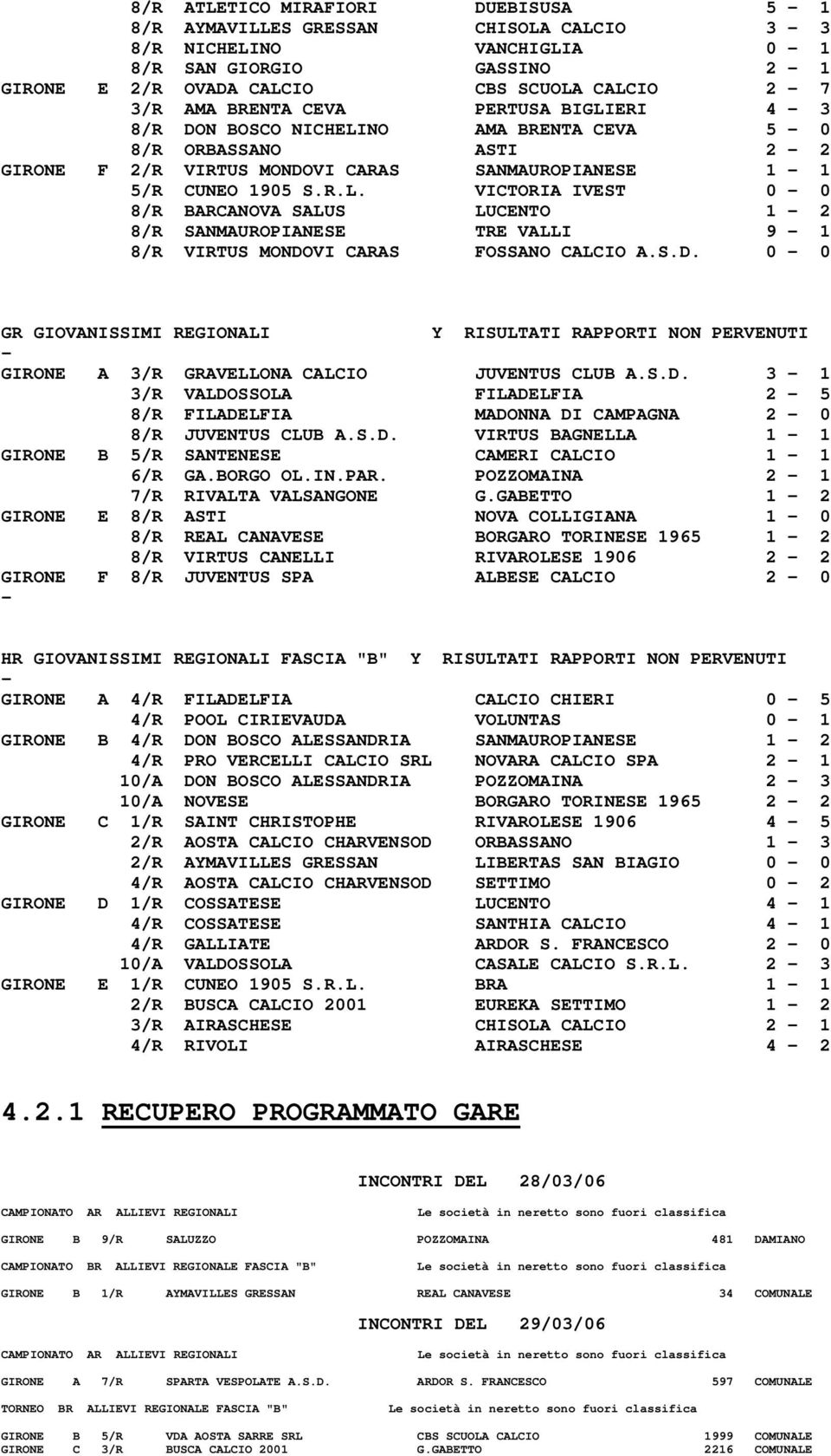 S.D. 0-0 GR GIOVANISSIMI REGIONALI Y RISULTATI RAPPORTI NON PERVENUTI - GIRONE A 3/R GRAVELLONA CALCIO JUVENTUS CLUB A.S.D. 3-1 3/R VALDOSSOLA FILADELFIA 2-5 8/R FILADELFIA MADONNA DI CAMPAGNA 2-0 8/R JUVENTUS CLUB A.