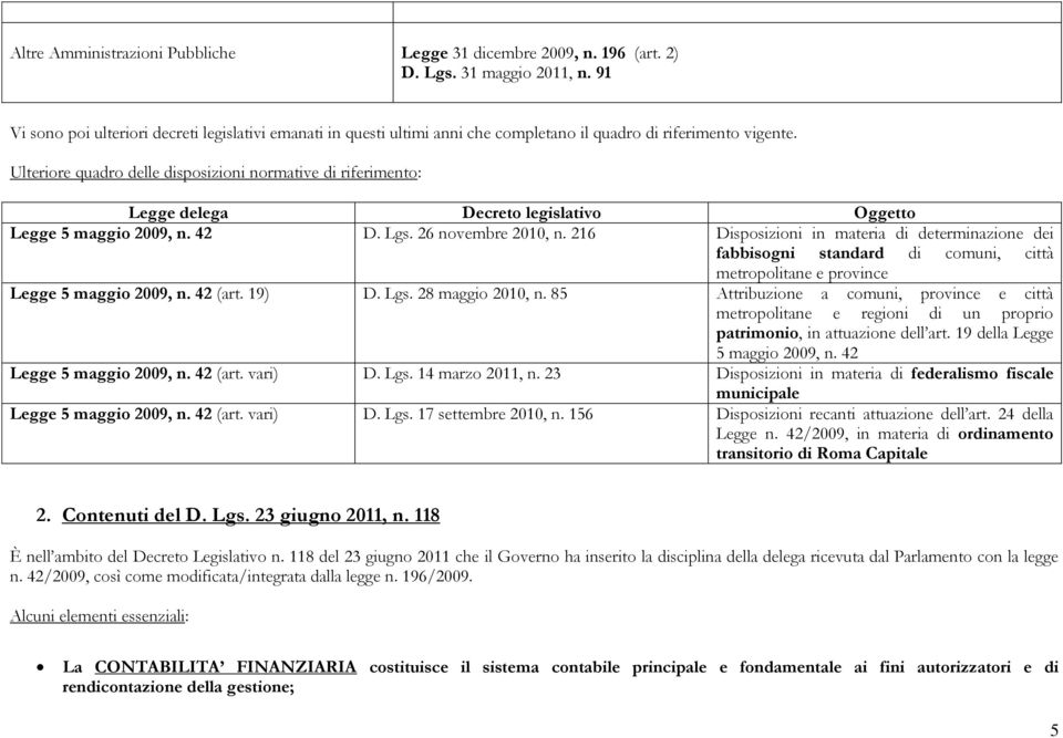 Ulteriore quadro delle disposizioni normative di riferimento: Legge delega Decreto legislativo Oggetto Legge 5 maggio 2009, n. 42 D. Lgs. 26 novembre 2010, n.