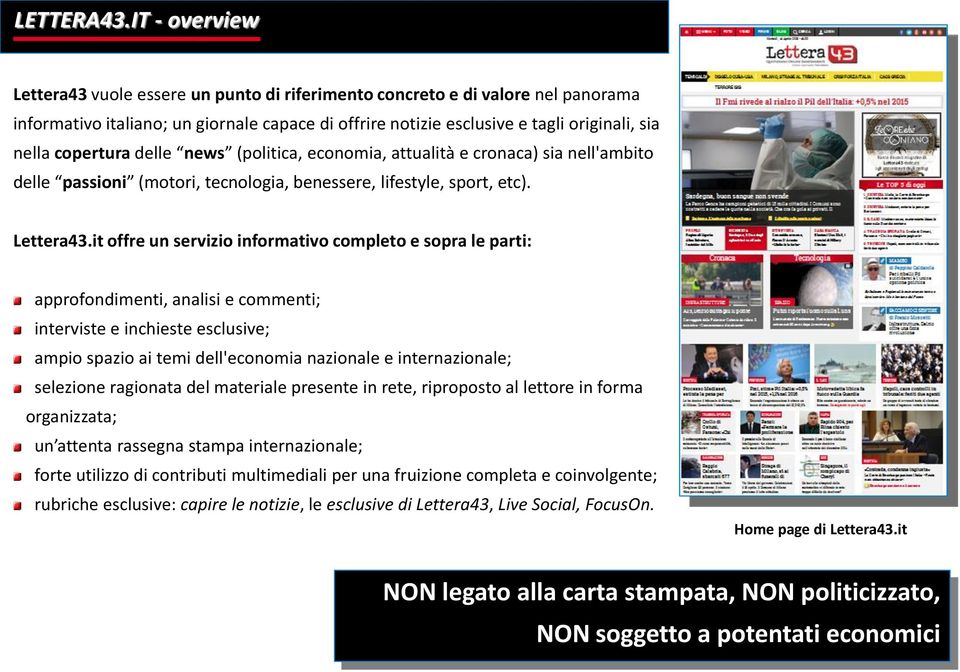 copertura delle news (politica, economia, attualità e cronaca) sia nell'ambito delle passioni (motori, tecnologia, benessere, lifestyle, sport, etc). Lettera43.