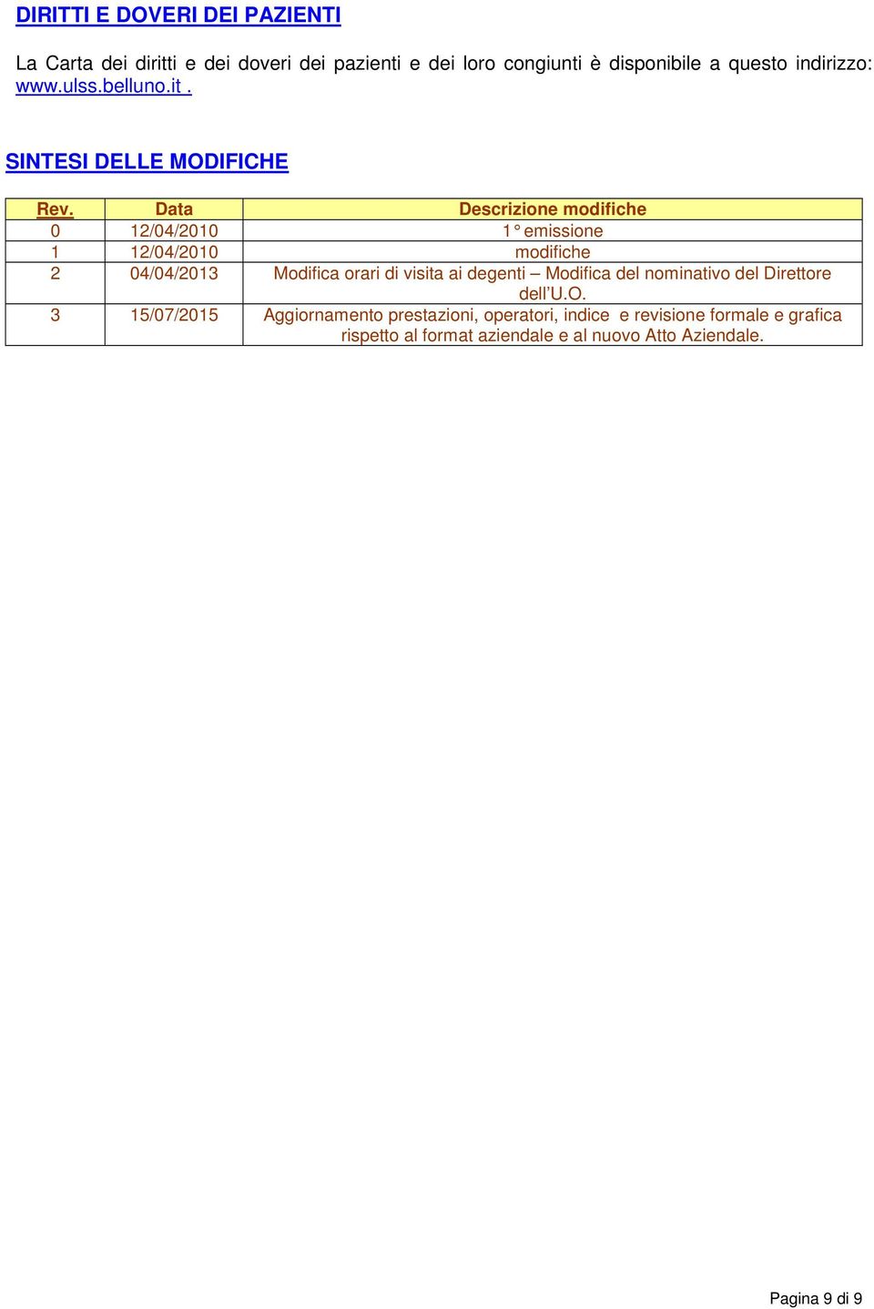 Data Descrizione modifiche 0 12/04/2010 1 emissione 1 12/04/2010 modifiche 2 04/04/2013 Modifica orari di visita ai degenti