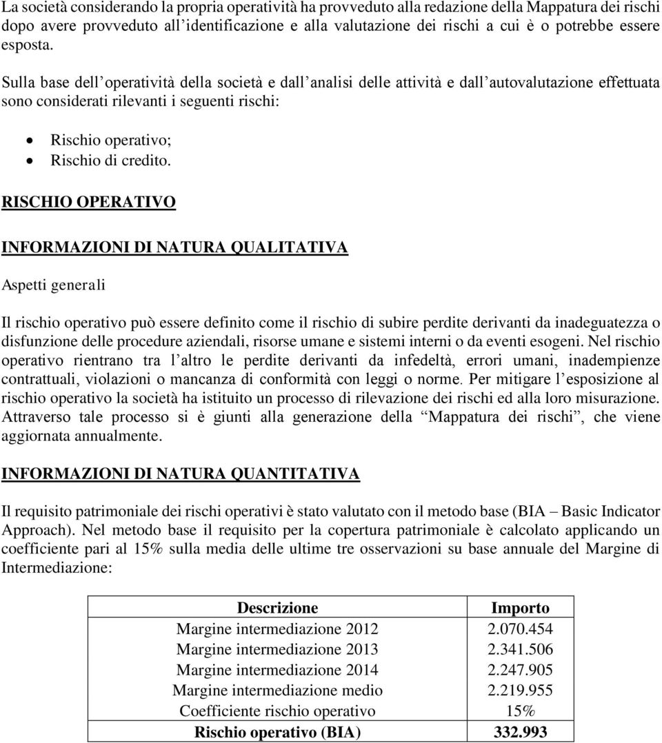 Sulla base dell operatività della società e dall analisi delle attività e dall autovalutazione effettuata sono considerati rilevanti i seguenti rischi: Rischio operativo; Rischio di credito.