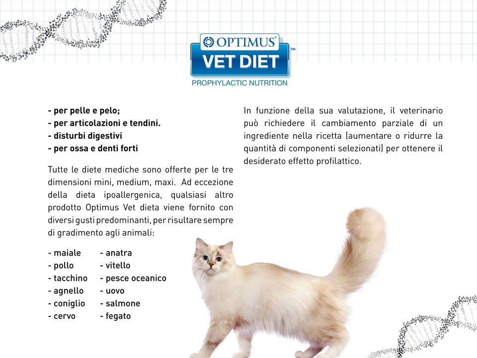 Ad eccezione della dieta ipoallergenica, qualsiasi altro prodotto Optimus Vet dieta viene fornito con diversi gusti predominanti, per risultare sempre di gradimento agli animali: -