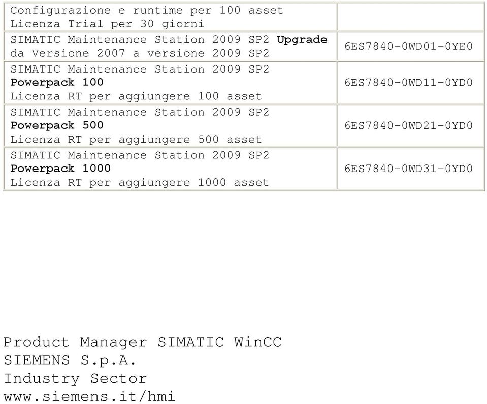 Powerpack 500 Licenza RT per aggiungere 500 asset SIMATIC Maintenance Station 2009 SP2 Powerpack 1000 Licenza RT per aggiungere 1000 asset