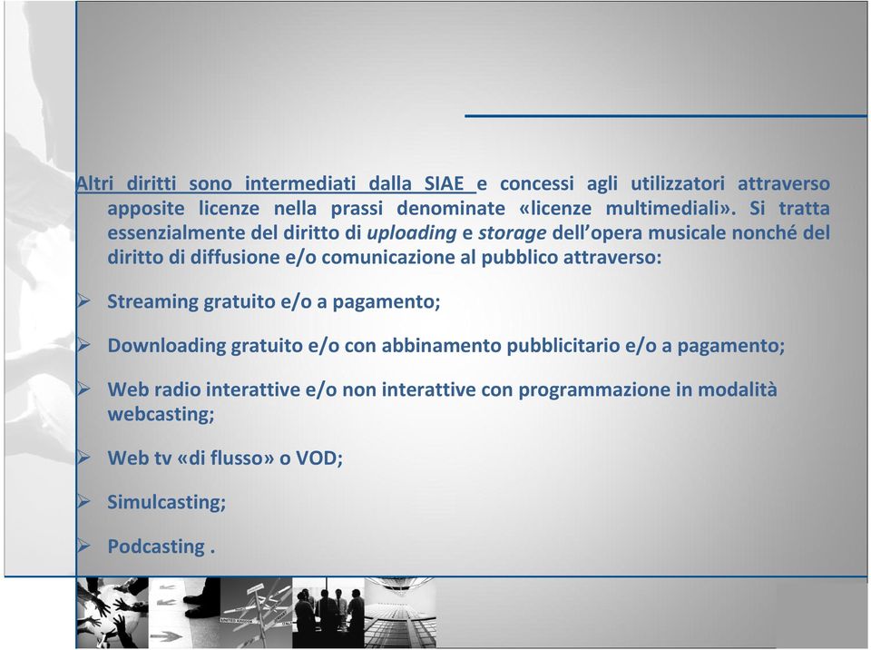 Si tratta essenzialmente del diritto di uploading e storage dell opera musicale nonché del diritto di diffusione e/o comunicazione al