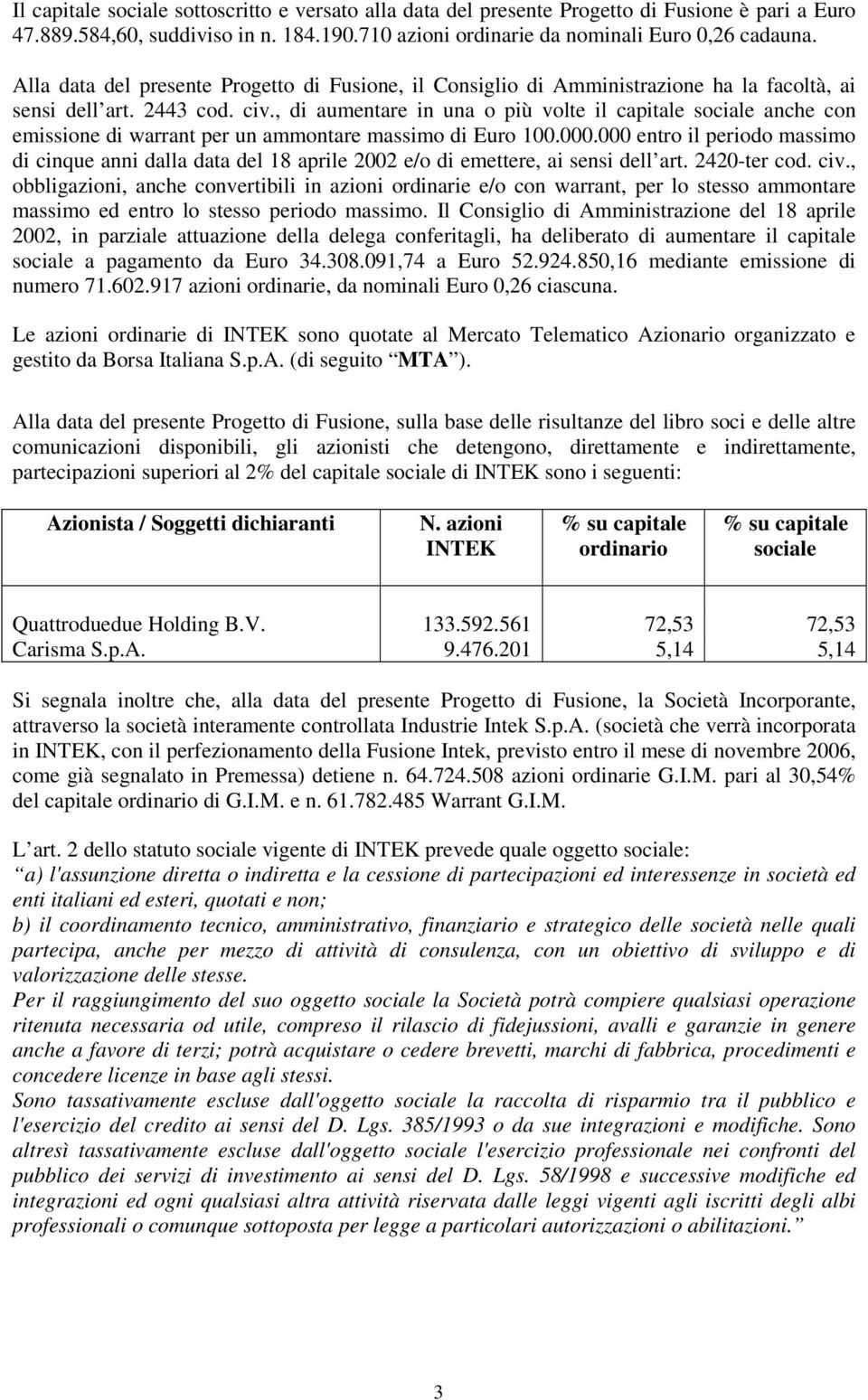 , di aumentare in una o più volte il capitale sociale anche con emissione di warrant per un ammontare massimo di Euro 100.000.