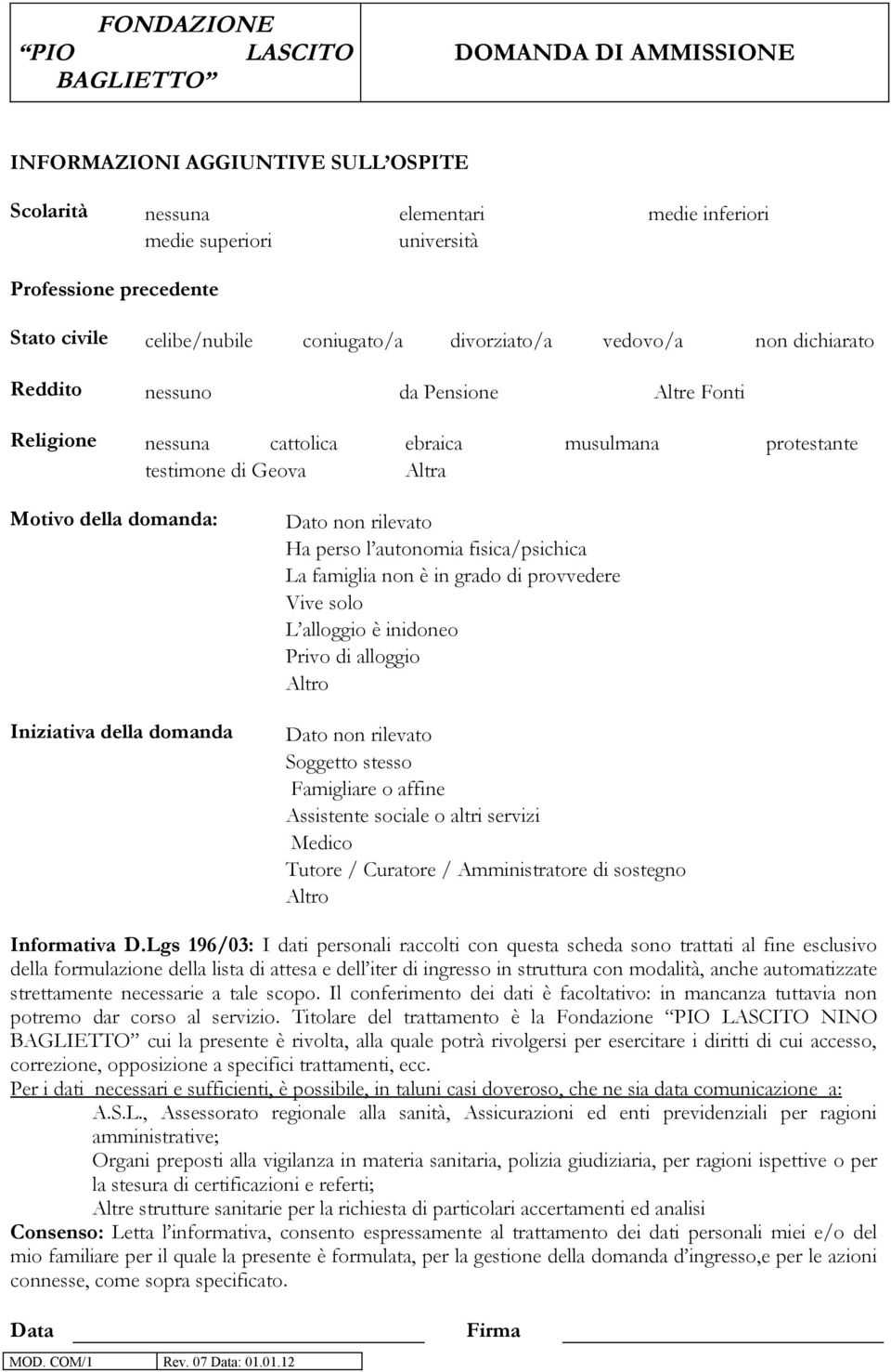 fisica/psichica La famiglia non è in grado di provvedere Vive solo L alloggio è inidoneo Privo di alloggio Altro Iniziativa della domanda Dato non rilevato Soggetto stesso Famigliare o affine