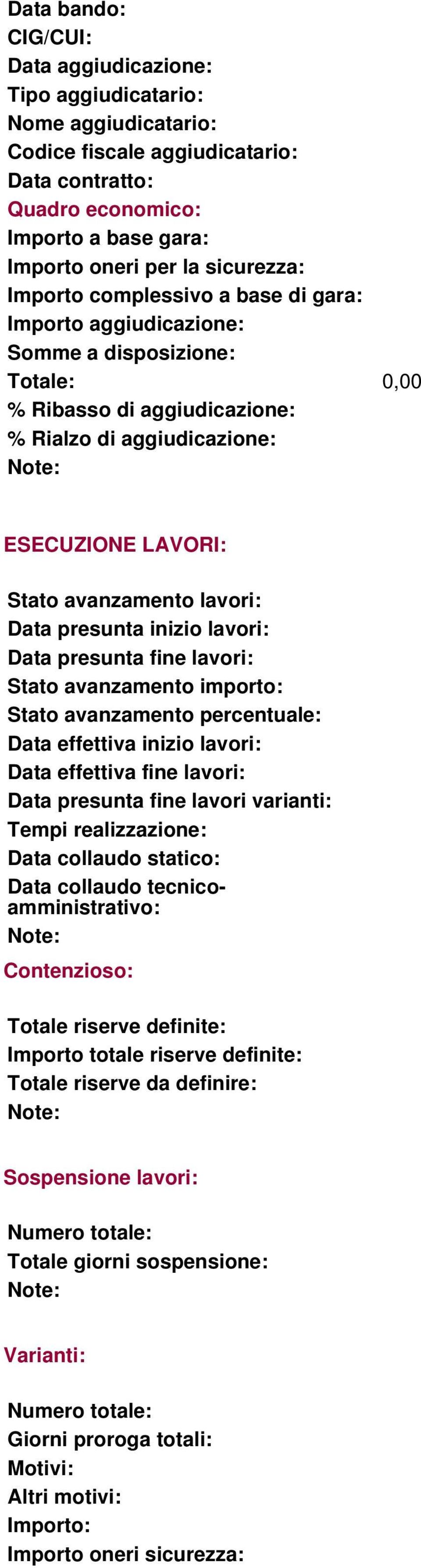 lavori: Data presunta inizio lavori: Data presunta fine lavori: Stato avanzamento importo: Stato avanzamento percentuale: Data effettiva inizio lavori: Data effettiva fine lavori: Data presunta fine