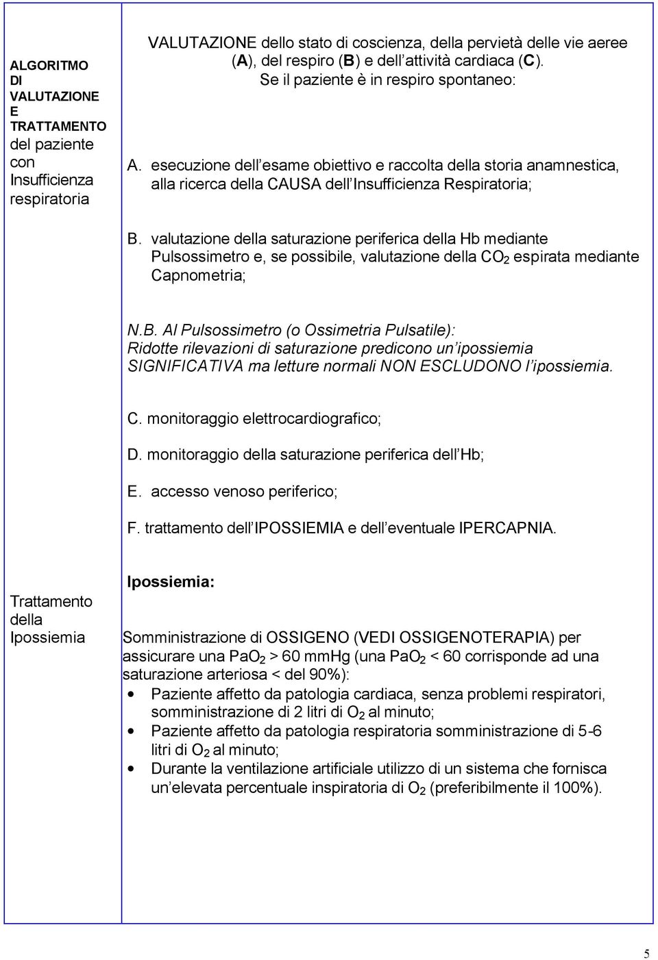 valutazione della saturazione periferica della Hb mediante Pulsossimetro e, se possibile, valutazione della CO 2 espirata mediante Capnometria; N.B.