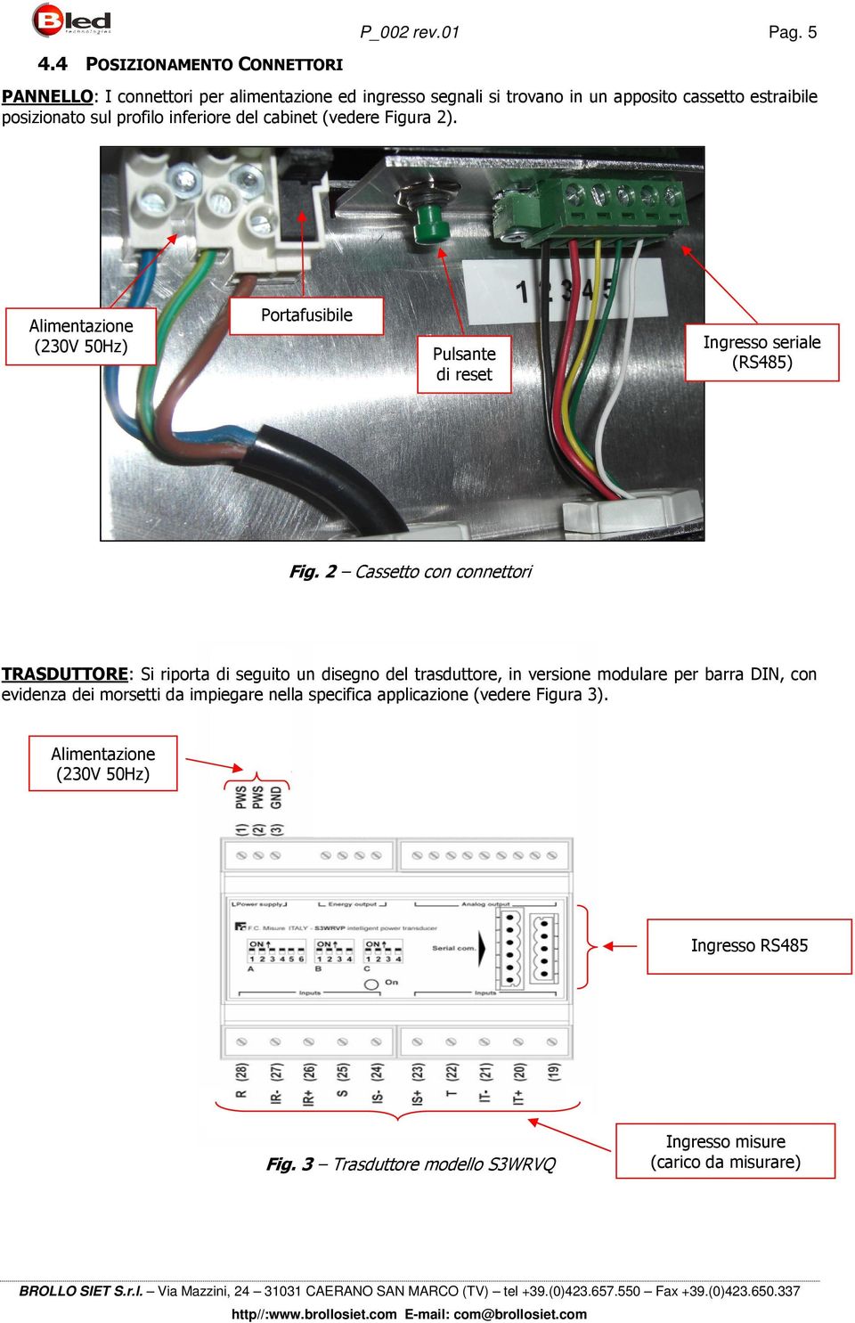 inferiore del cabinet (vedere Figura 2). Alimentazione (230V 50Hz) Portafusibile Pulsante di reset Ingresso seriale (RS485) Fig.