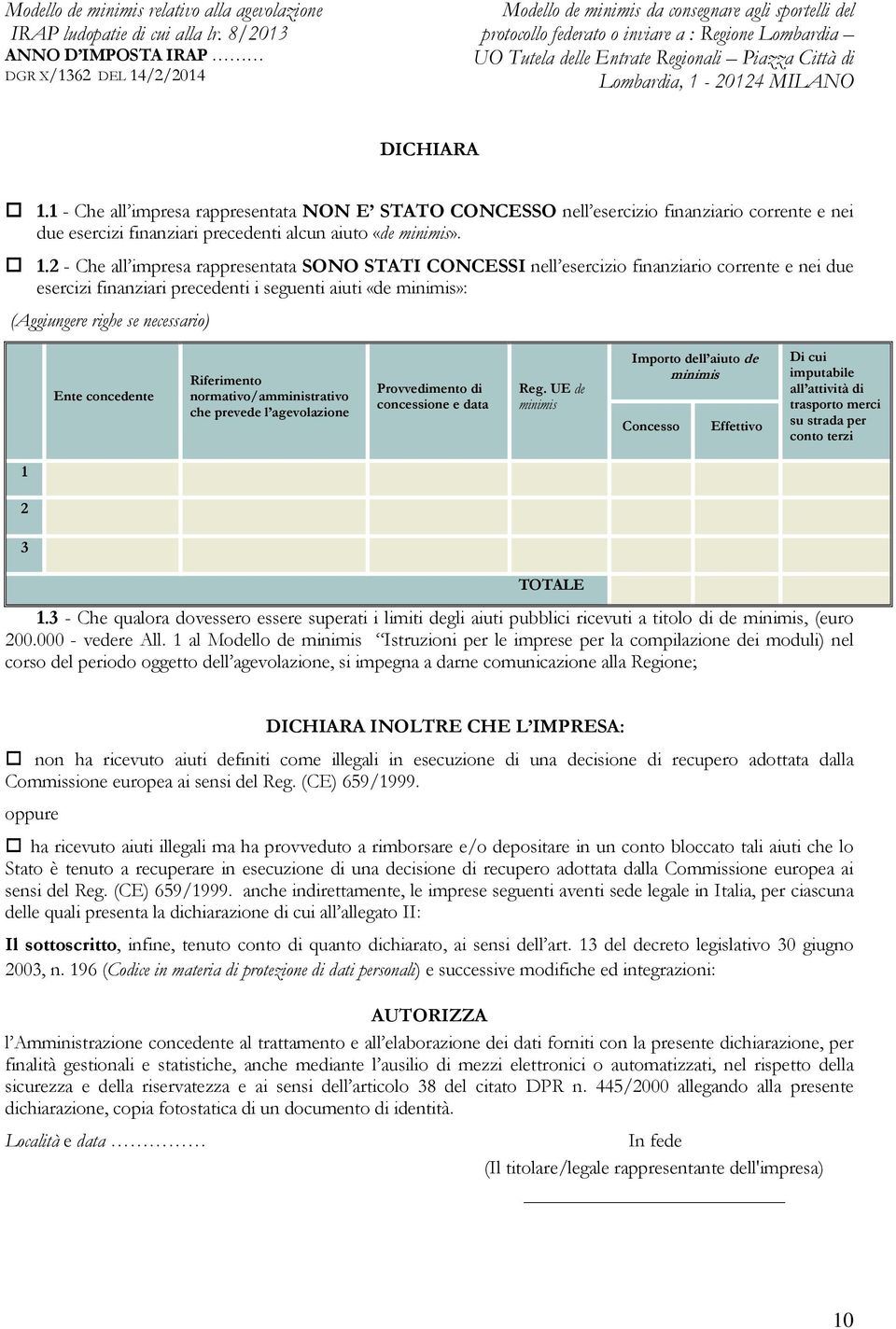 2 - Che all impresa rappresentata SONO STATI CONCESSI nell esercizio finanziario corrente e nei due esercizi finanziari precedenti i seguenti aiuti «de minimis»: (Aggiungere righe se necessario) Ente