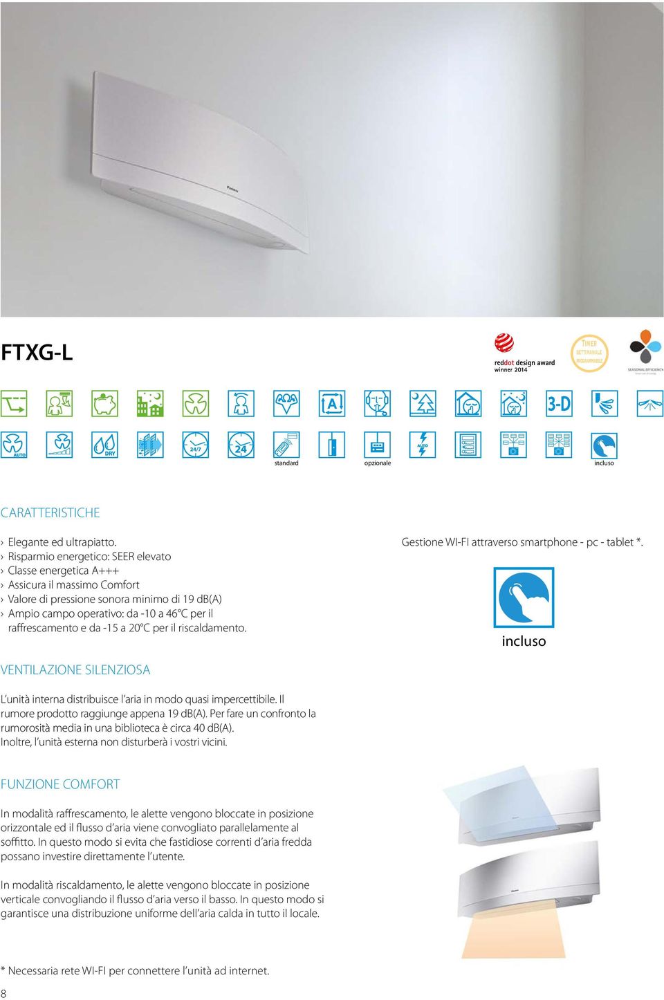 a 20 C per il riscaldamento. Gestione WI-FI attraverso smartphone - pc - tablet *. incluso VENTILAZIONE SILENZIOSA L unità interna distribuisce l aria in modo quasi impercettibile.