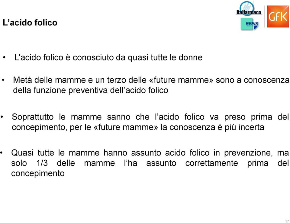 folico va preso prima del concepimento, per le «future mamme» la conoscenza è più incerta Quasi tutte le mamme