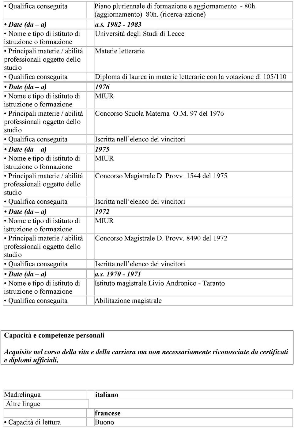 1982-1983 Nome e tipo di istituto di Università degli Studi di Lecce Principali materie / abilità Materie letterarie guita Diploma di laurea in materie letterarie con la votazione di 105/110 Date (da