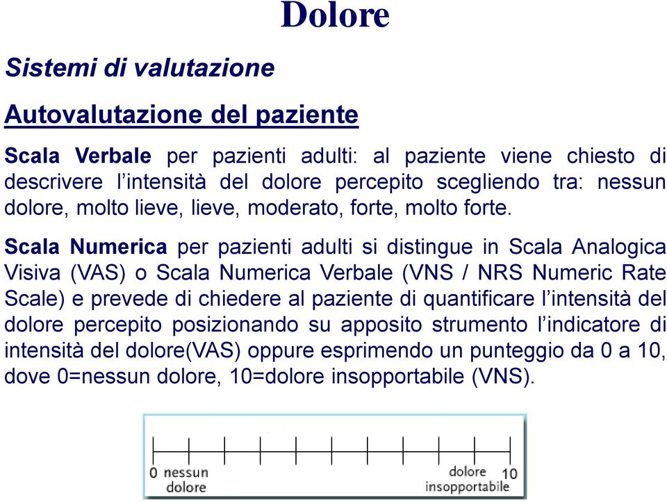 Scala Numerica per pazienti adulti si distingue in Scala Analogica Visiva (VAS) o Scala Numerica Verbale (VNS / NRS Numeric Rate Scale) e prevede di chiedere