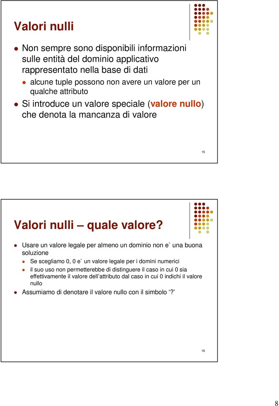 Usare un valore legale per almeno un dominio non e` una buona soluzione Se scegliamo 0, 0 e` un valore legale per i domini numerici il suo uso non