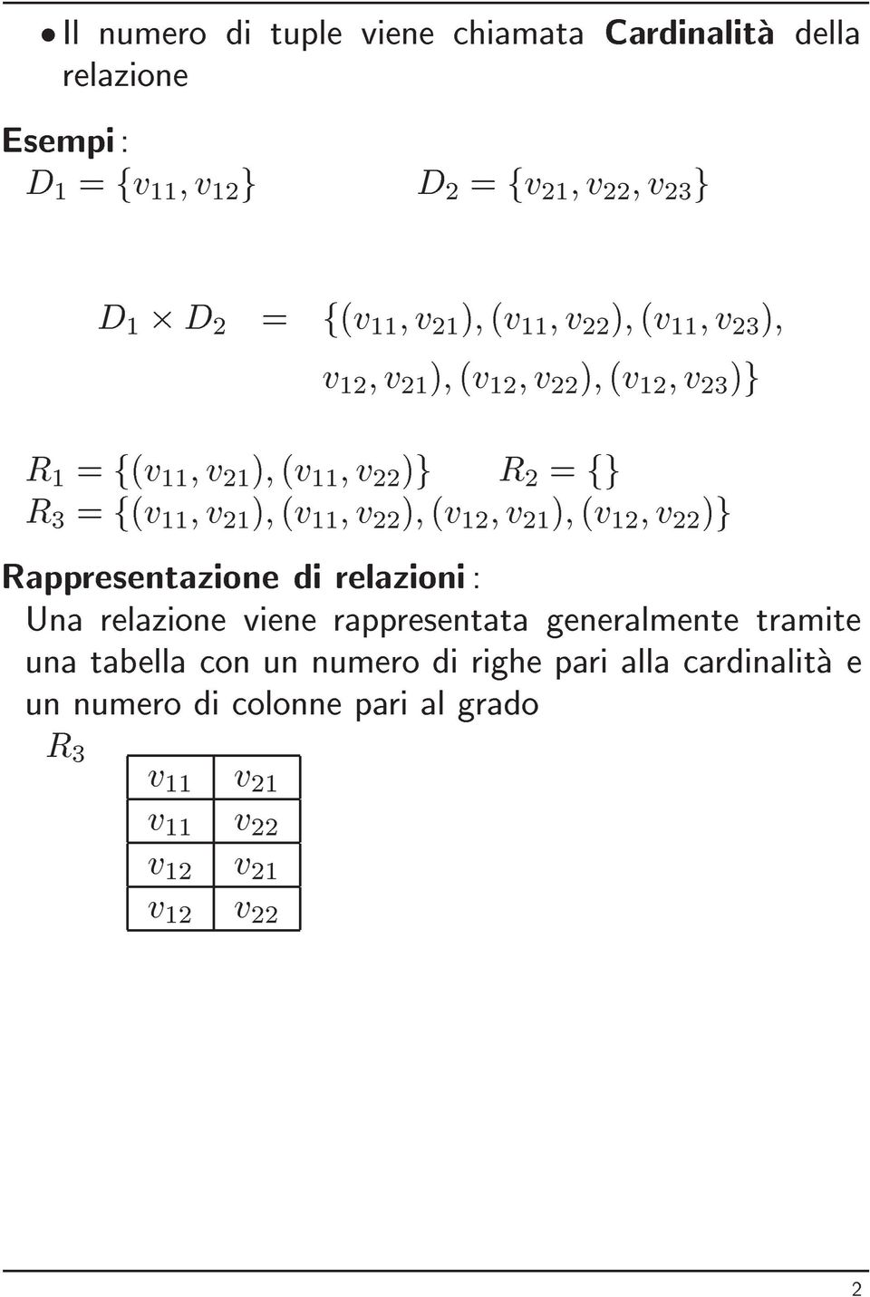 ;v 21 ); (v 11 ;v 22 ); (v 12 ;v 21 ); (v 12 ;v 22 )g Rappresentazione di relazioni : Una relazione viene rappresentata generalmente