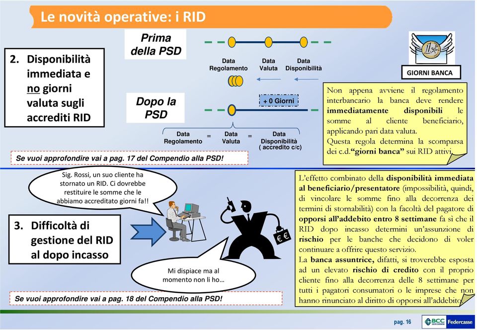 immediatamente disponibili le somme al cliente beneficiario, applicando pari data valuta. Questa regola determina la scomparsa dei c.d. giorni banca sui RID attivi. Sig.