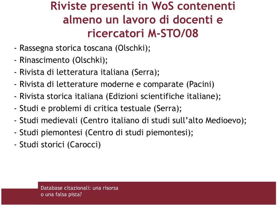 - Rivista storica italiana (Edizioni scientifiche italiane); - Studi e problemi di critica testuale (Serra); - Studi