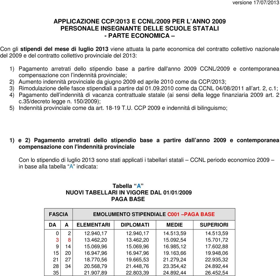 indennitá provinciale; 2) Aumento indennità provinciale da giugno 2009 ed aprile 2010 come da CCP/2013; 3) Rimodulazione delle fasce stipendiali a partire dal 01.09.2010 come da CCNL 04/08/2011 all art.