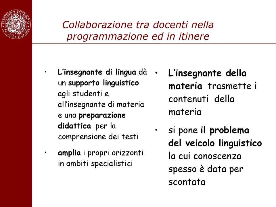 dei testi amplia i propri orizzonti in ambiti specialistici L insegnante della materia trasmette i