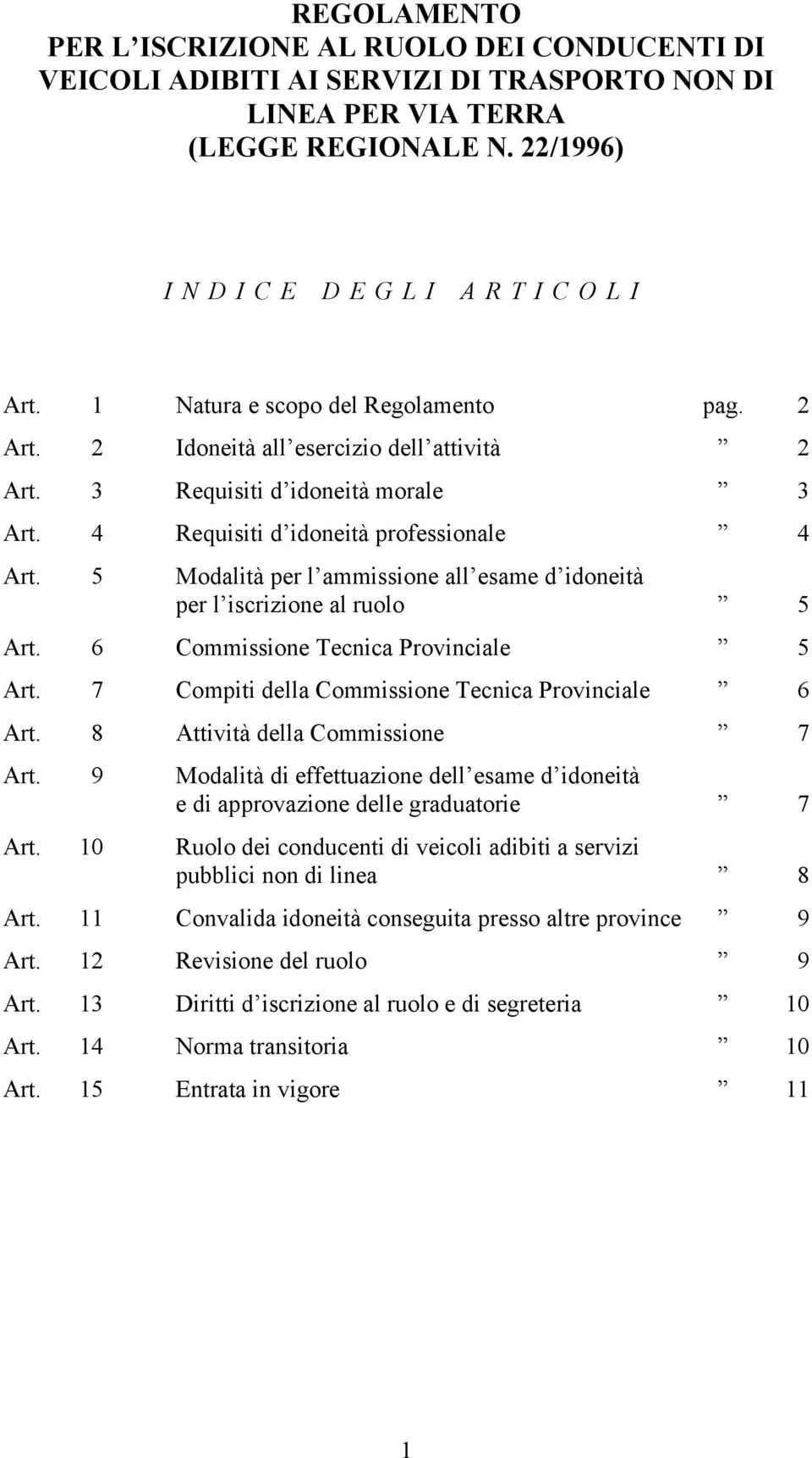 5 Modalità per l ammissione all esame d idoneità per l iscrizione al ruolo 5 Art. 6 Commissione Tecnica Provinciale 5 Art. 7 Compiti della Commissione Tecnica Provinciale 6 Art.