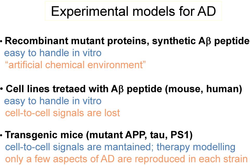 handle in vitro cell-to-cell signals are lost Transgenic mice (mutant APP, tau, PS1)