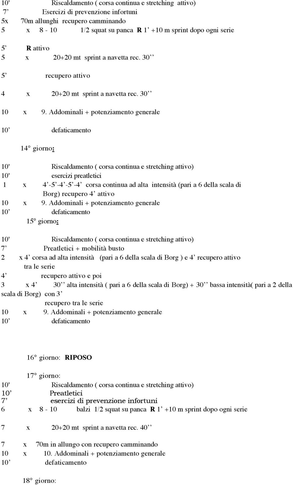 Addominali + potenziamento generale 14 giorno: 10' esercizi preatletici 1 x 4-5 -4-5 -4 corsa continua ad alta intensità (pari a 6 della scala di Borg) recupero 4 attivo 10 x 9.